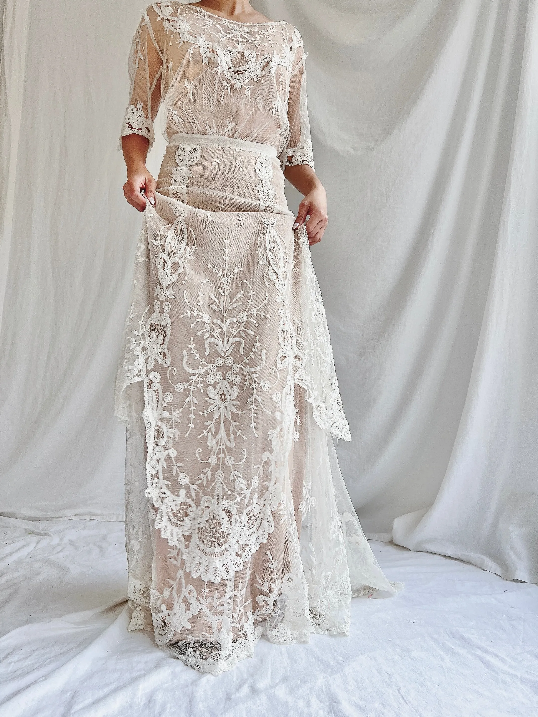 Antique Duchesse Lace Gown with Silk Slip - S