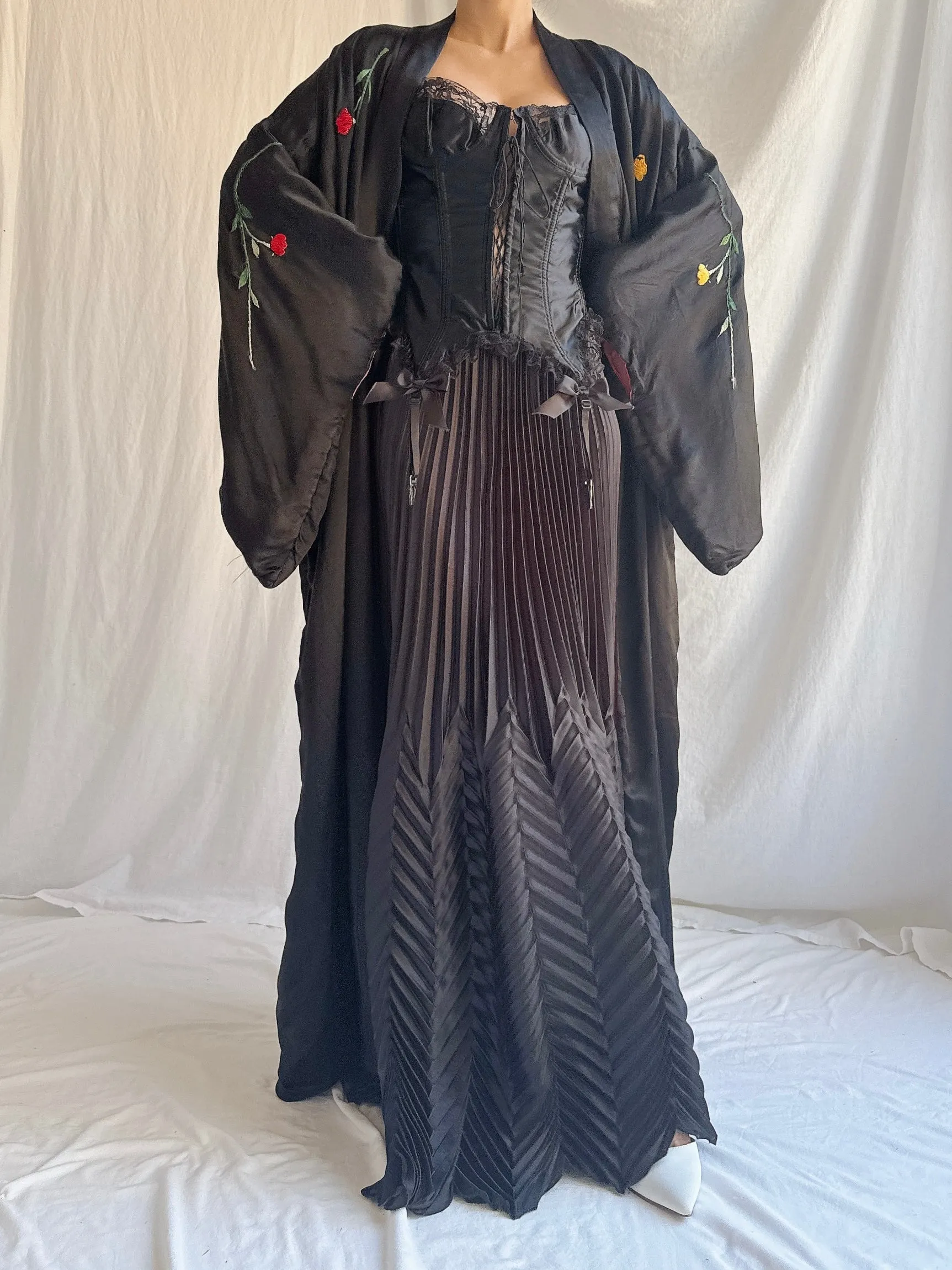 Antique Embroidered Satin Kimono - OSFM