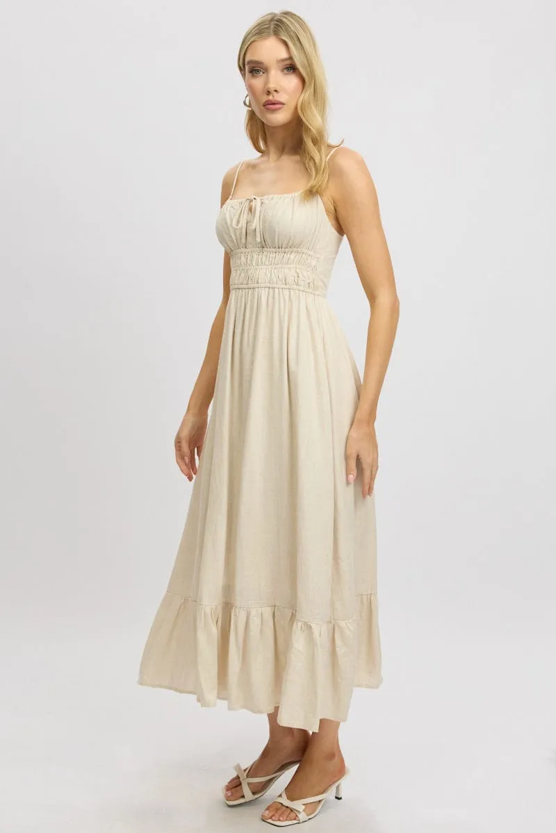 Beige Midi Dress Tiered Strappy