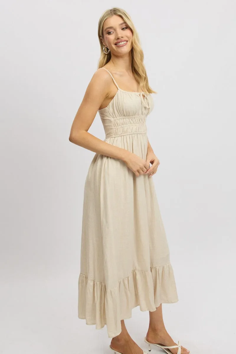 Beige Midi Dress Tiered Strappy