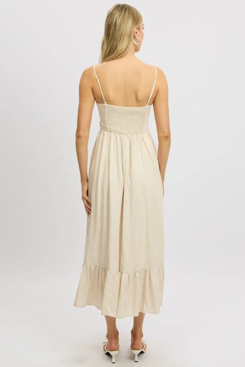 Beige Midi Dress Tiered Strappy
