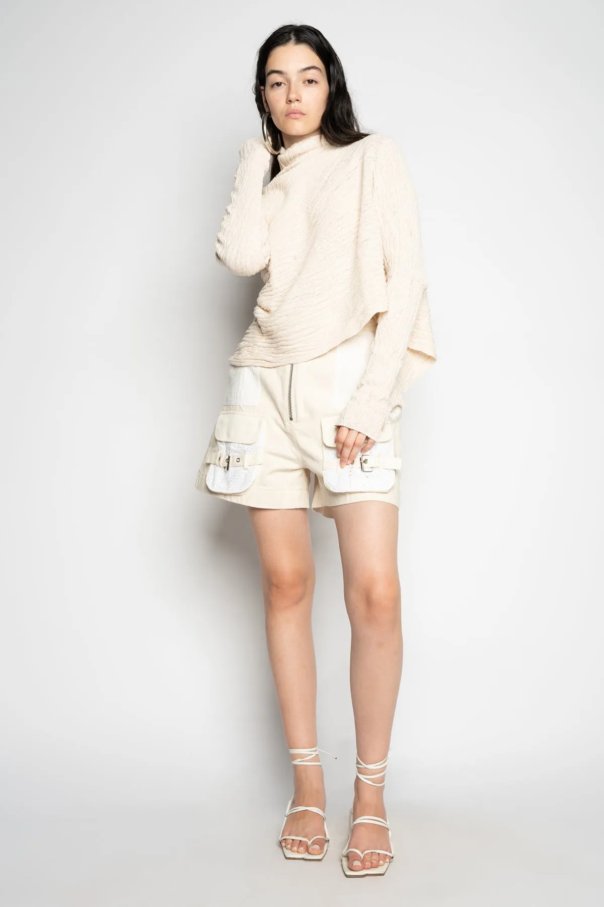 BEIGE RECYLED COTTON KNIT DRAPED JUMPER