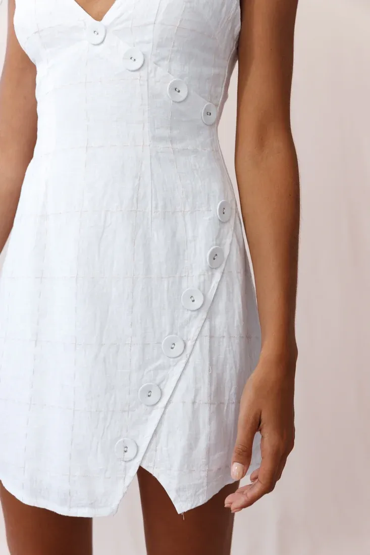 Bijoux Faux Placket Tied Shoulder Dress Square Stitch White