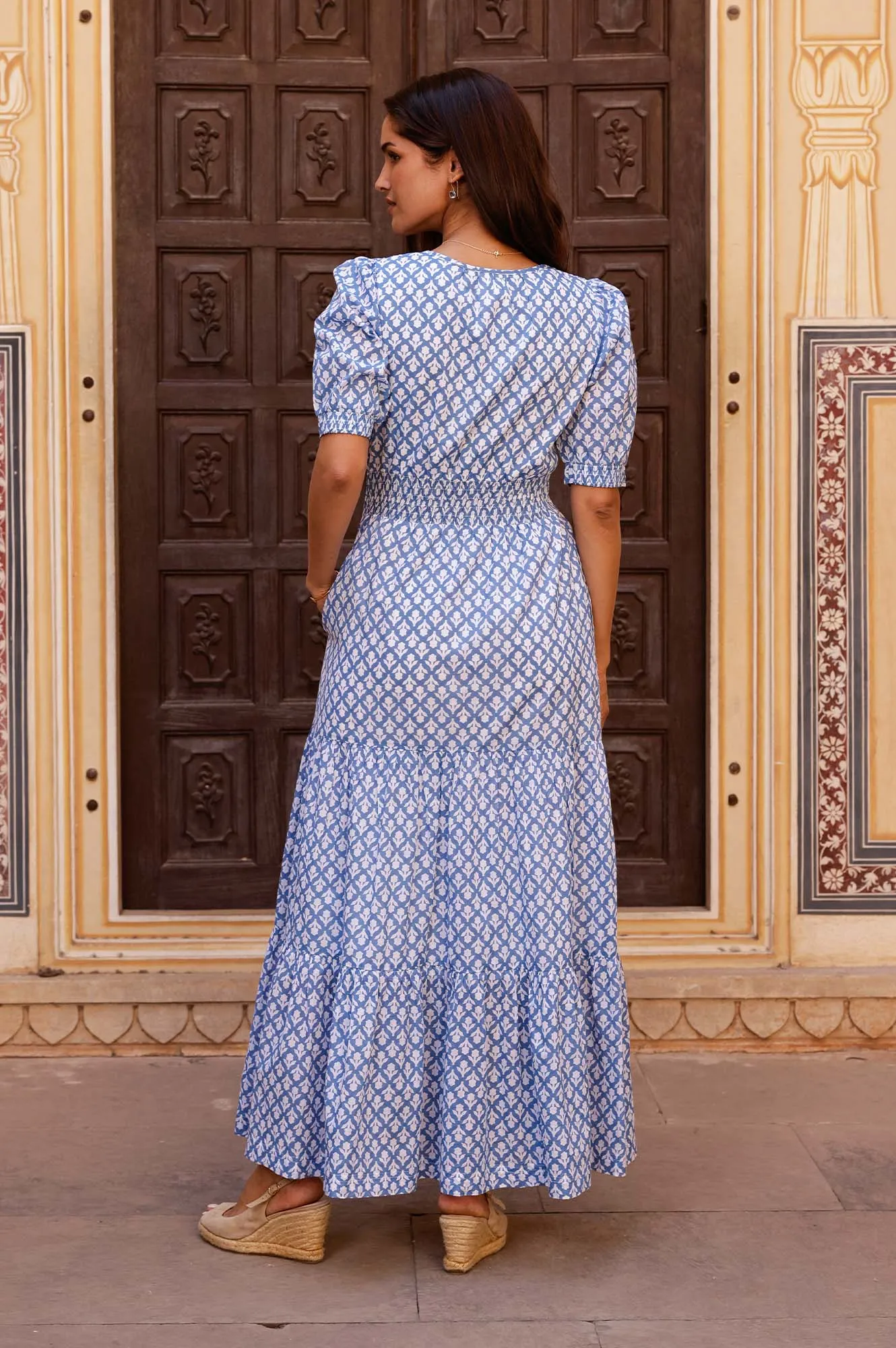 Billie Short Sleeve Organic Cotton Dress | Flower Stamp Cornflower/White