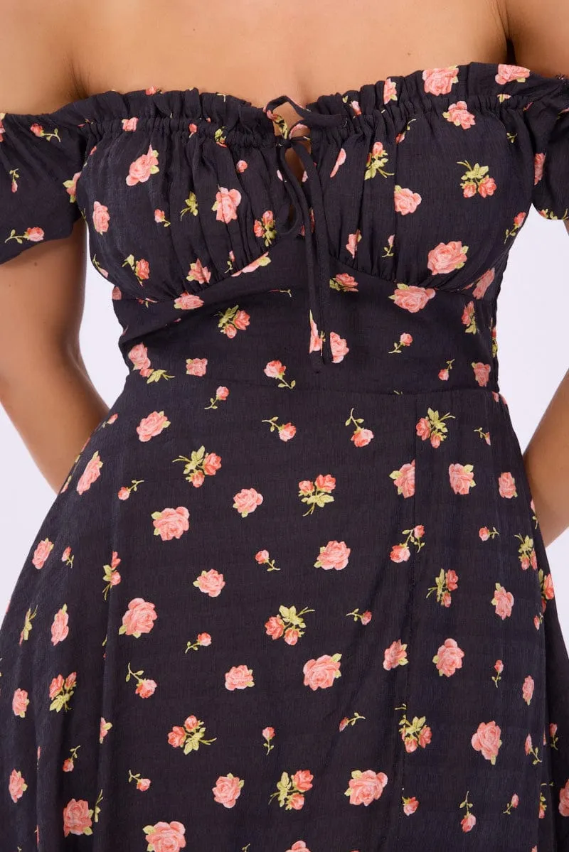 Black Ditsy Midi Dress Puff Sleeve