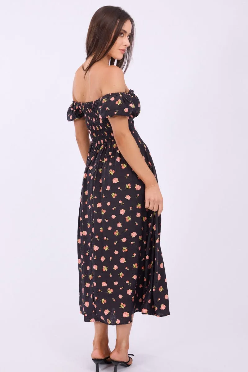 Black Ditsy Midi Dress Puff Sleeve