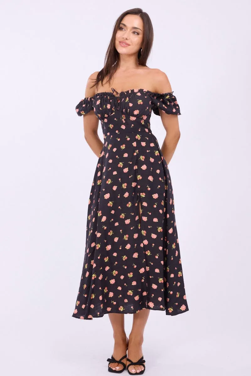 Black Ditsy Midi Dress Puff Sleeve