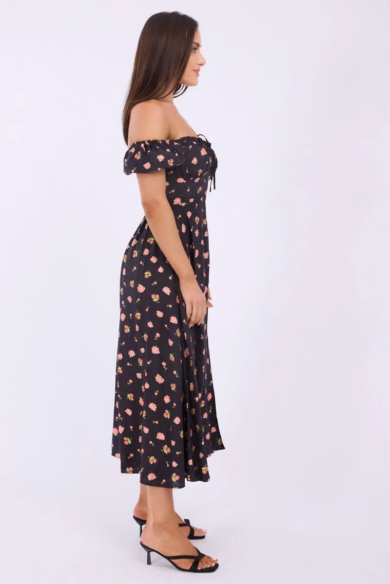 Black Ditsy Midi Dress Puff Sleeve