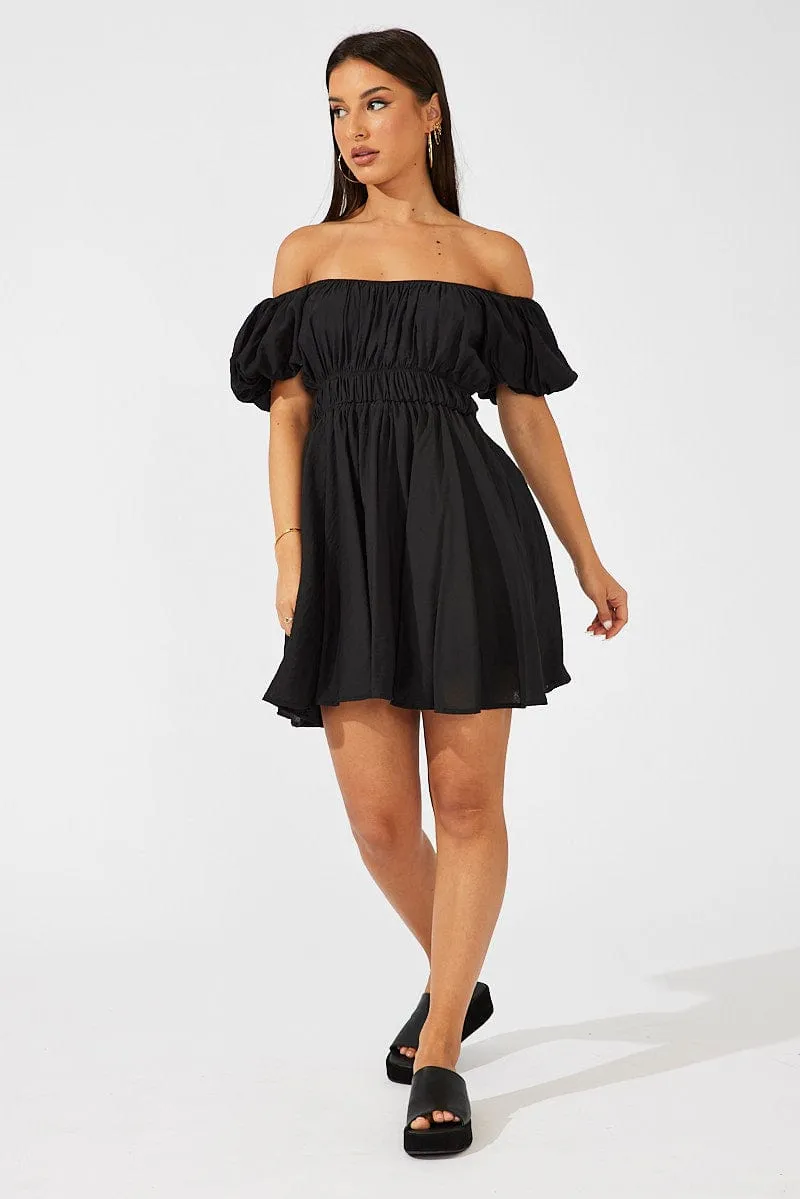 Black Fit and Flare Dress Short Sleeve Ruched