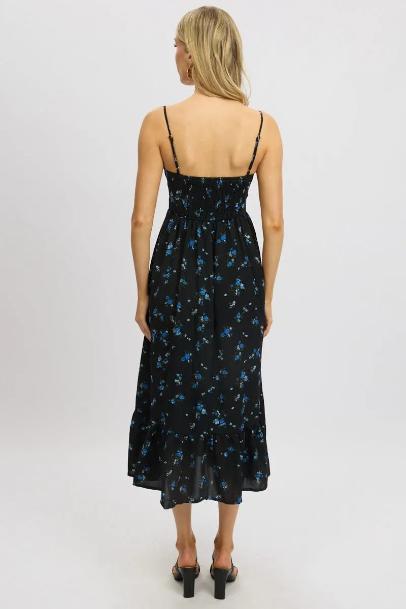 Black Floral Midi Dress Tiered Strappy