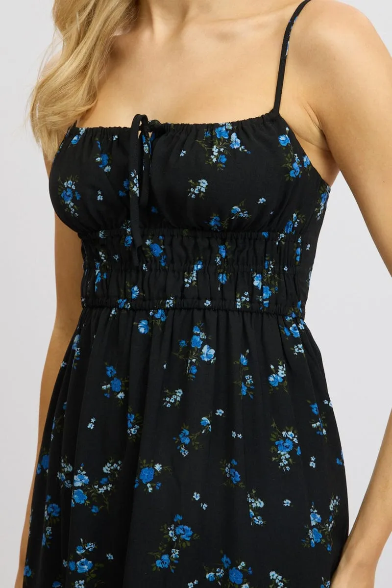 Black Floral Midi Dress Tiered Strappy