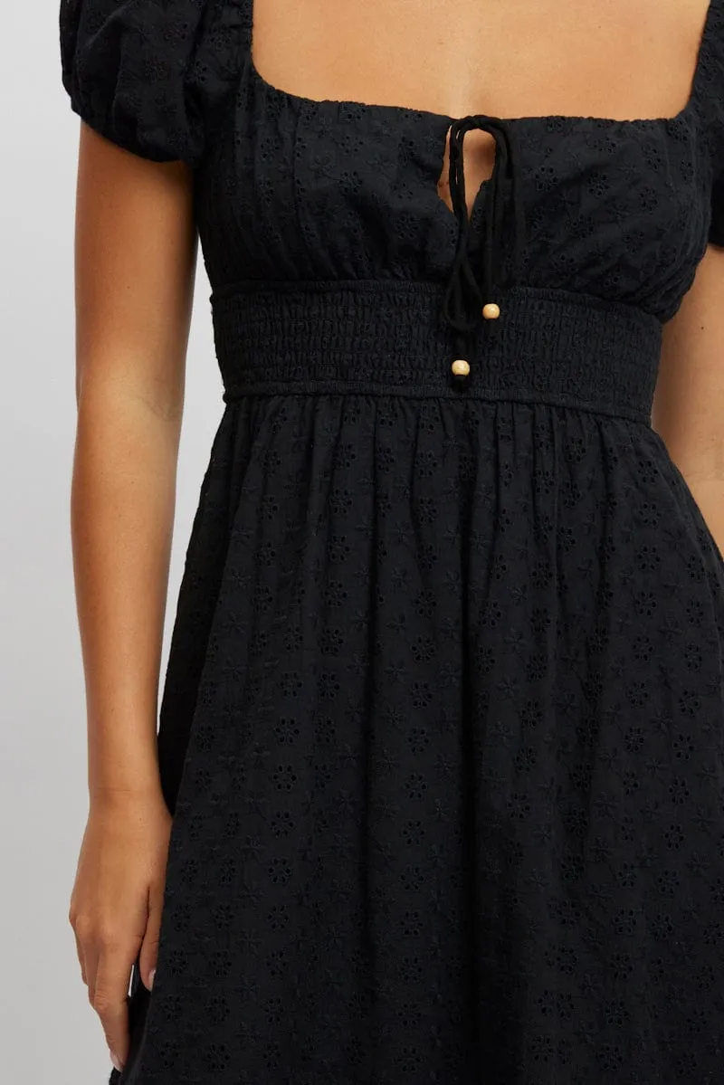 Black Maxi Dress Puff Sleeve Eyelet Fabric