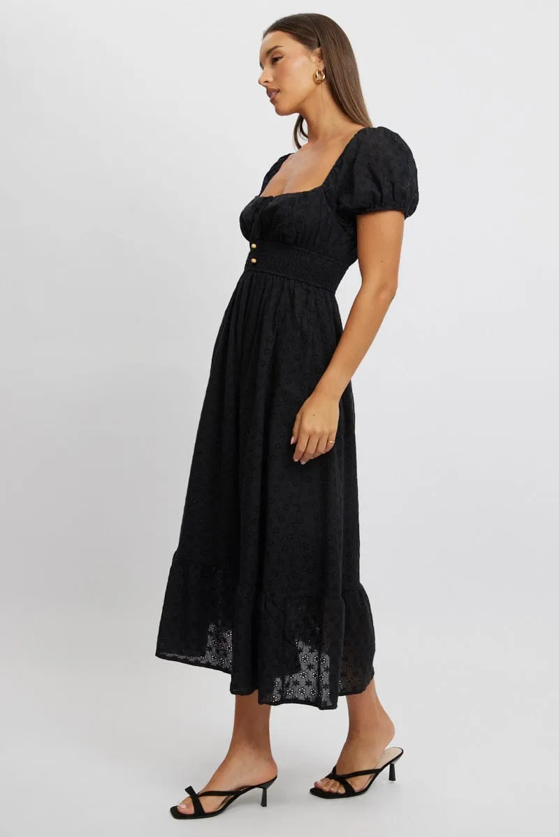 Black Maxi Dress Puff Sleeve Eyelet Fabric