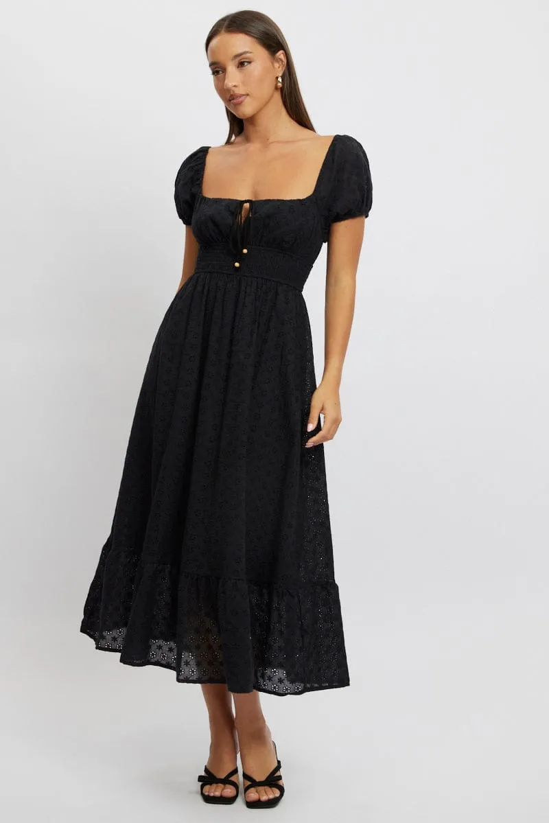 Black Maxi Dress Puff Sleeve Eyelet Fabric