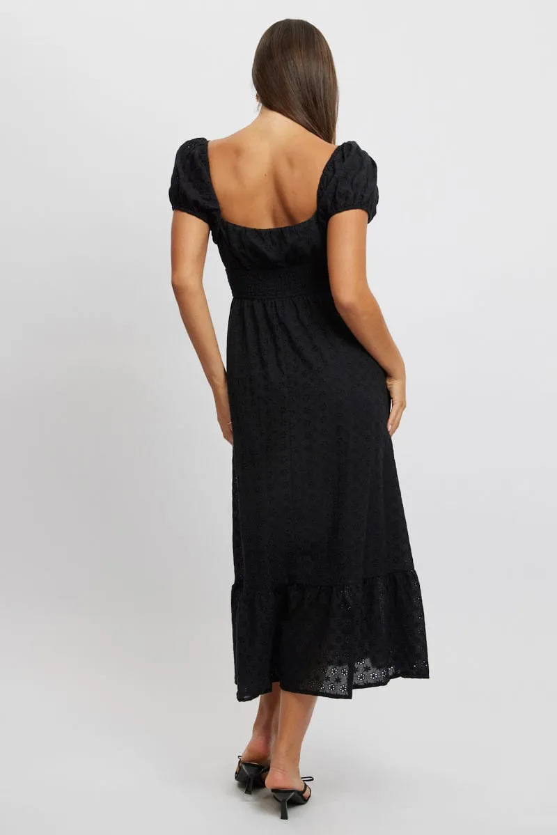 Black Maxi Dress Puff Sleeve Eyelet Fabric