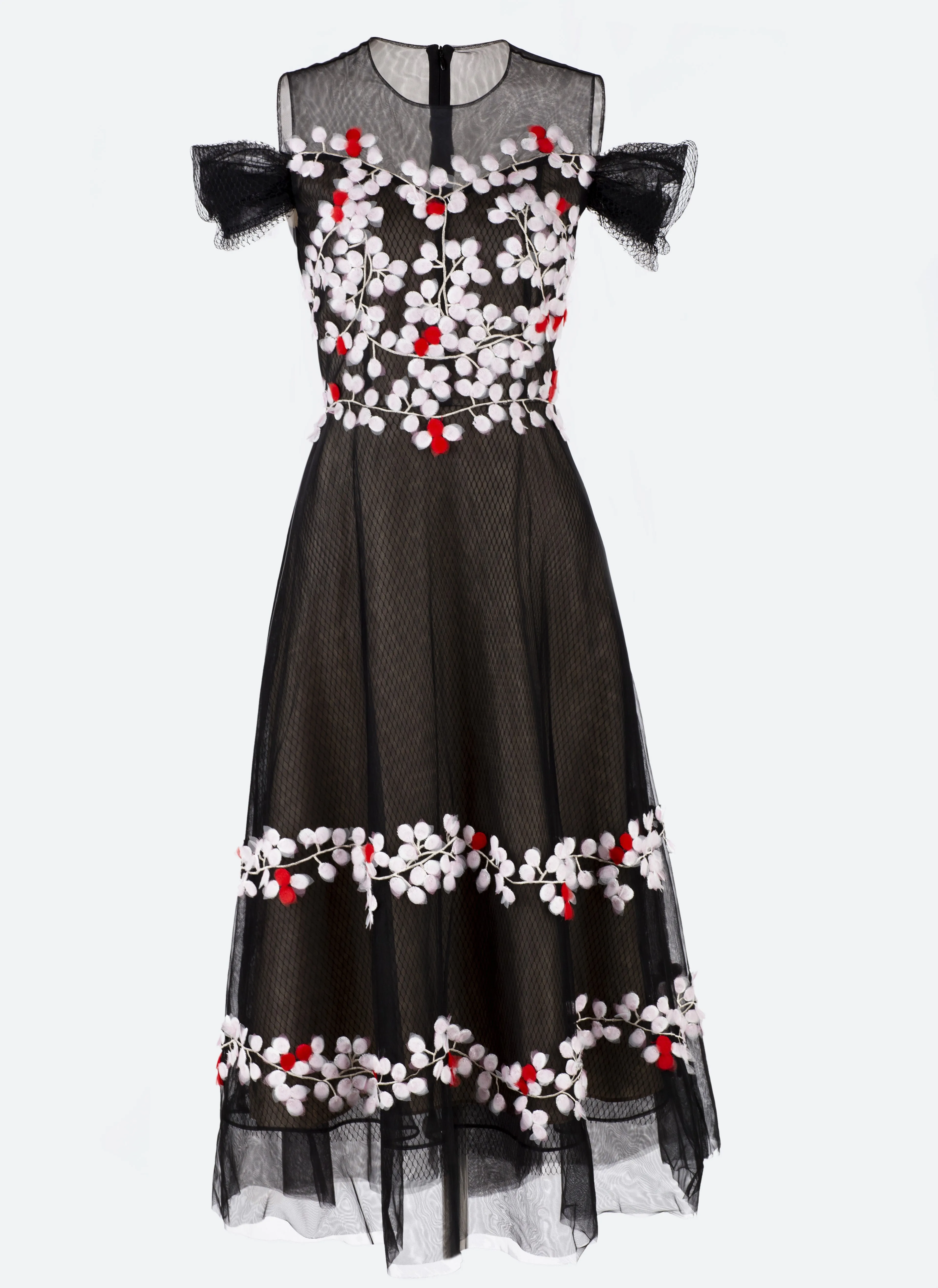 Black mesh dress with handmade flowers