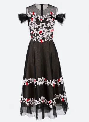 Black mesh dress with handmade flowers