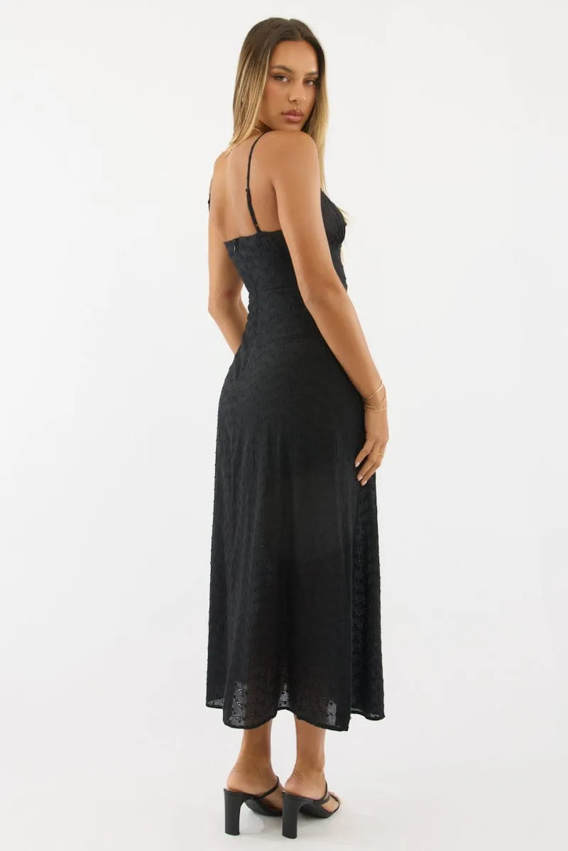 Black Midi Dress Gathered Bust Eyelet Fabric