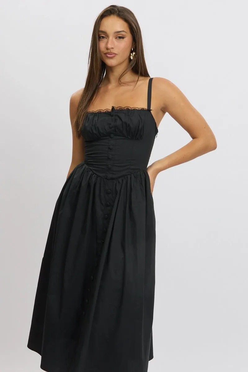 Black Midi Dress Lace Trim Corset Detail Poplin