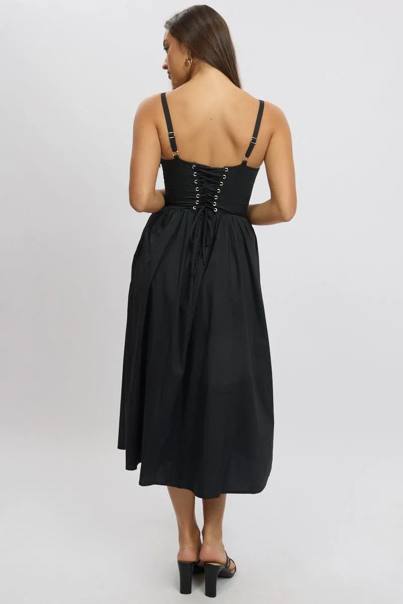 Black Midi Dress Lace Trim Corset Detail Poplin
