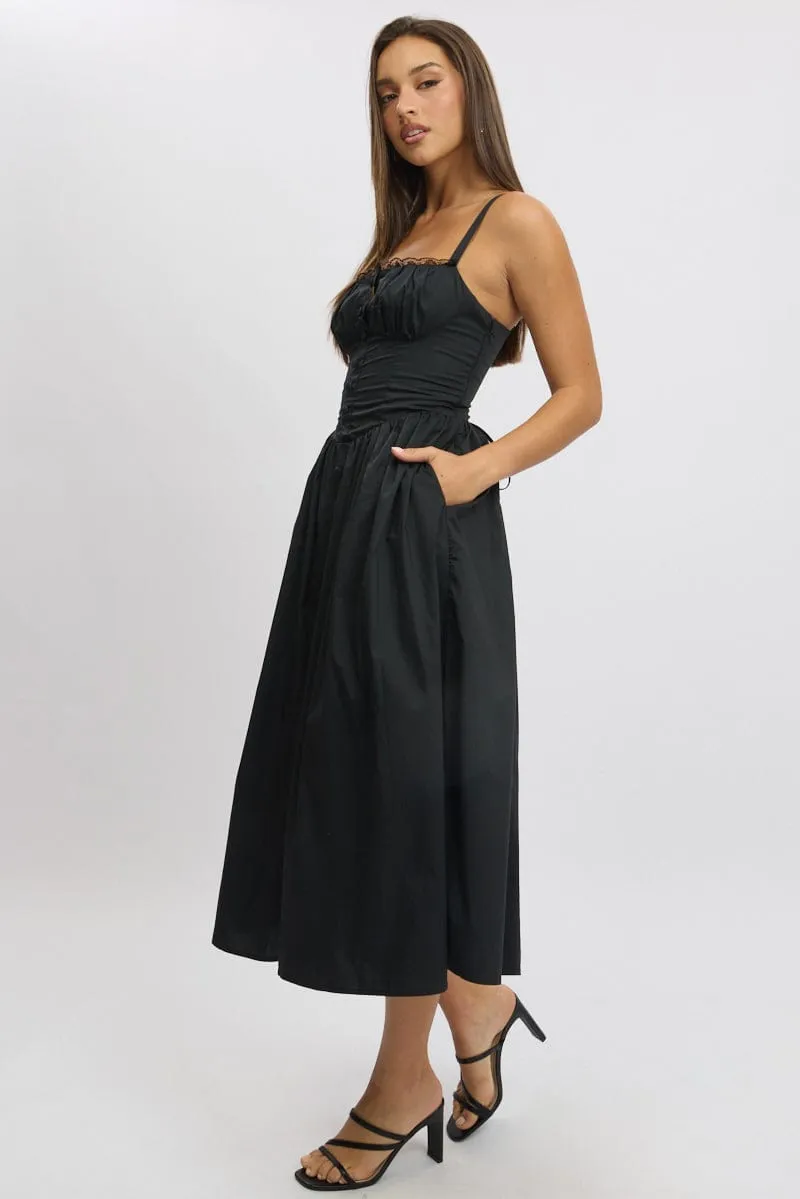 Black Midi Dress Lace Trim Corset Detail Poplin