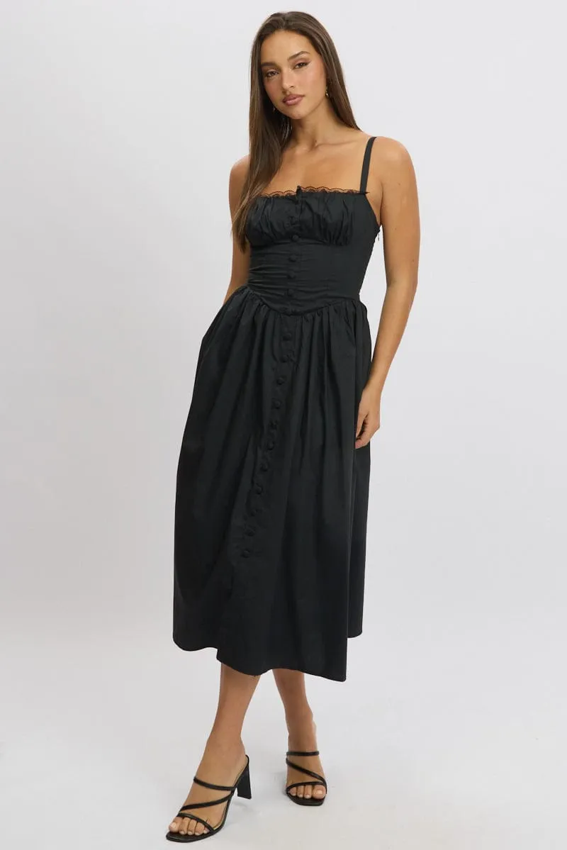 Black Midi Dress Lace Trim Corset Detail Poplin