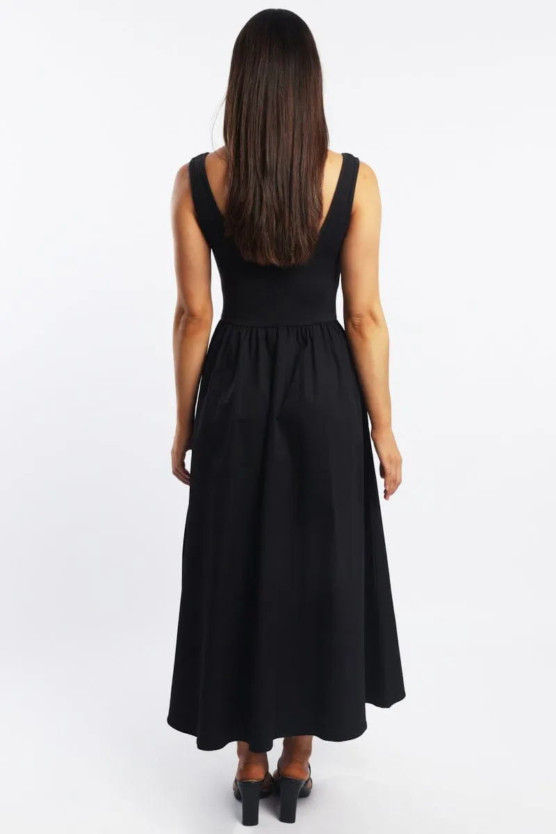 Black Midi Dress Ribbed Bodice