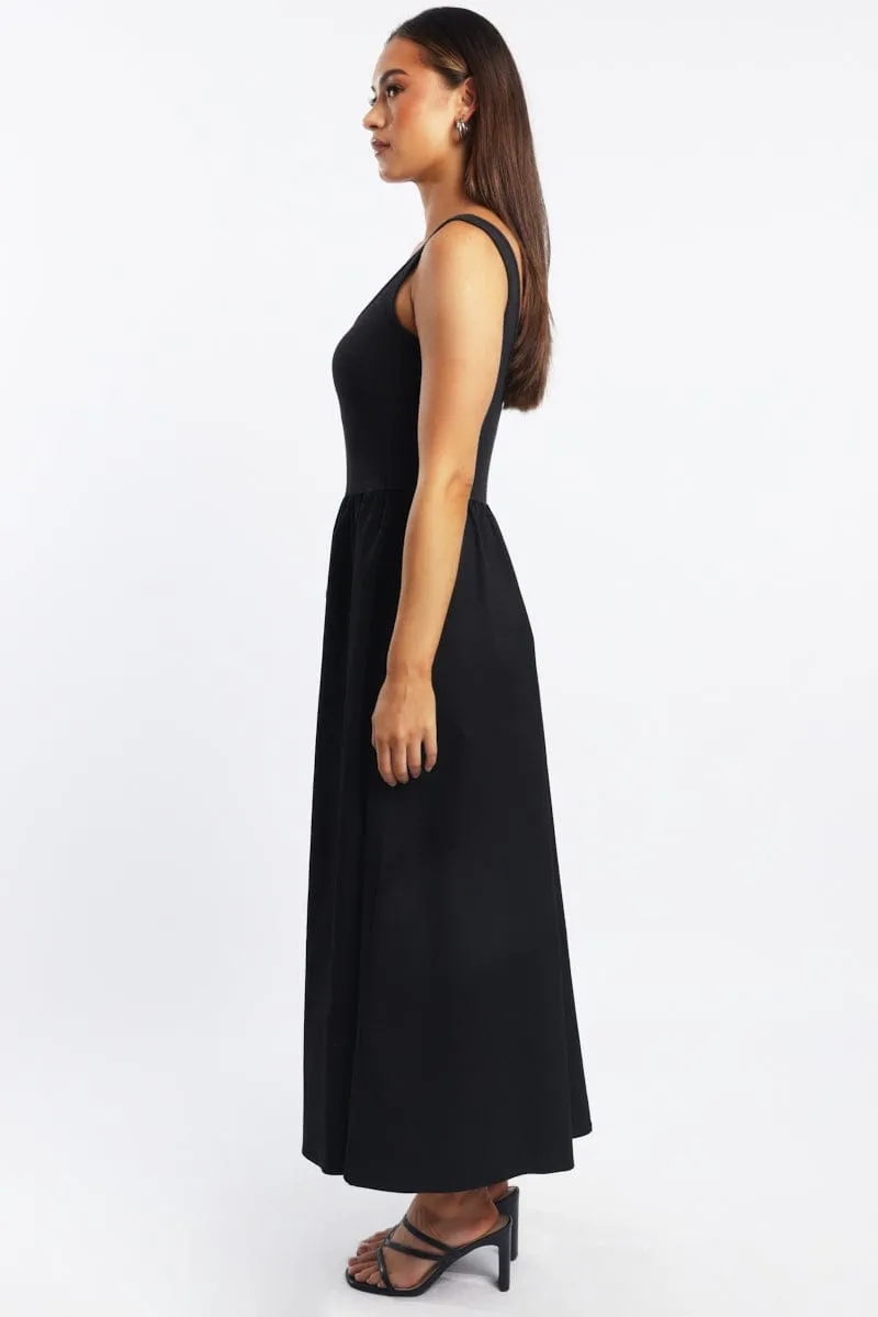 Black Midi Dress Ribbed Bodice