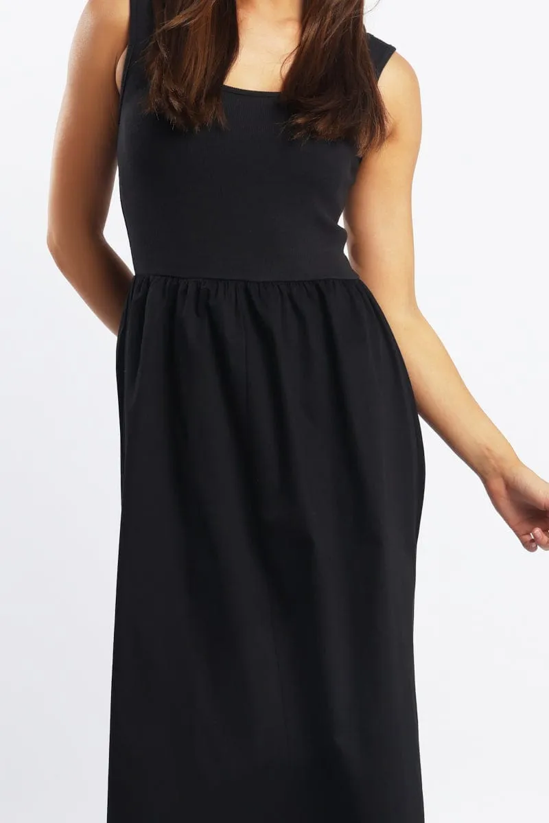 Black Midi Dress Ribbed Bodice