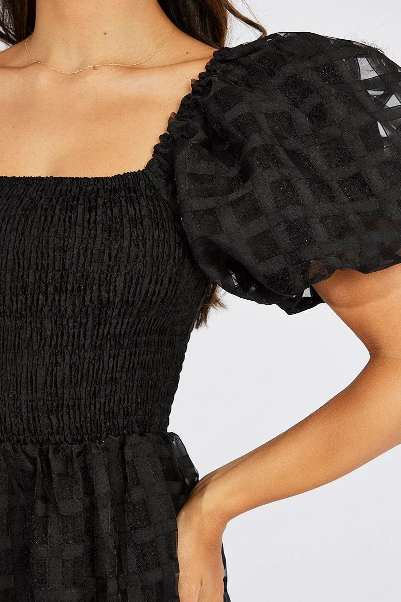 Black Midi Dress shirred Bust Puff Sleeve