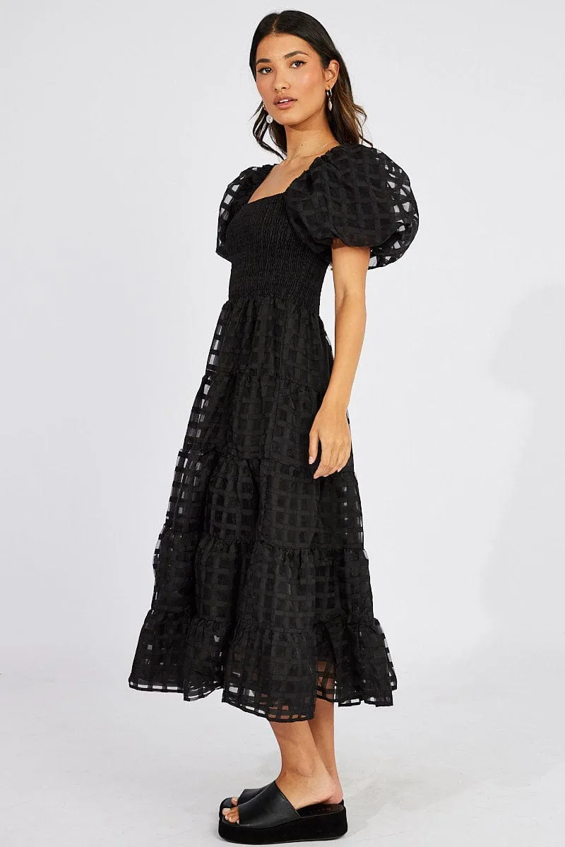 Black Midi Dress shirred Bust Puff Sleeve