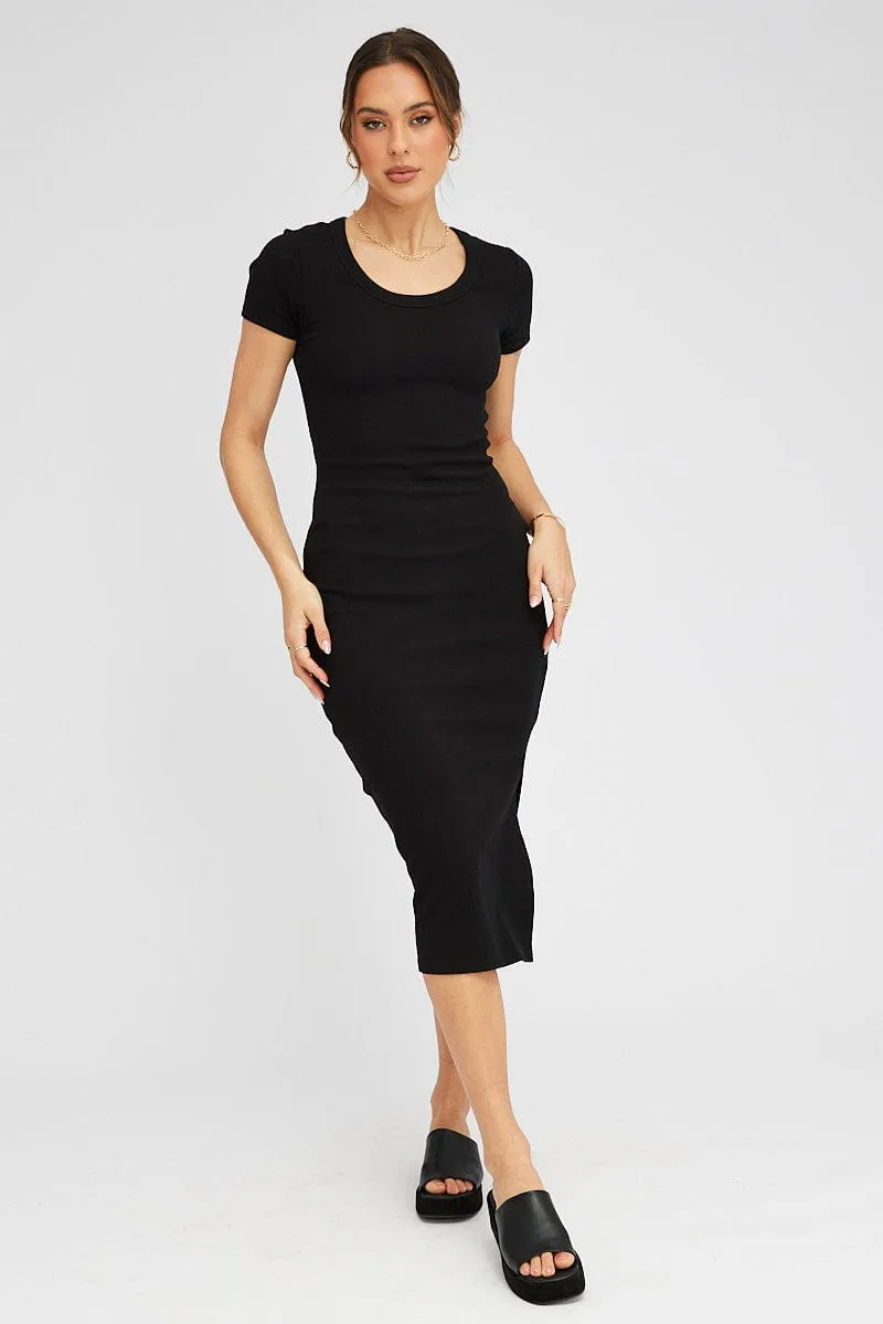 Black Midi Dress Short Sleeve Rib
