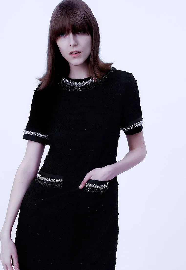 Black Rhinestone Embellished Thigh-length Dress