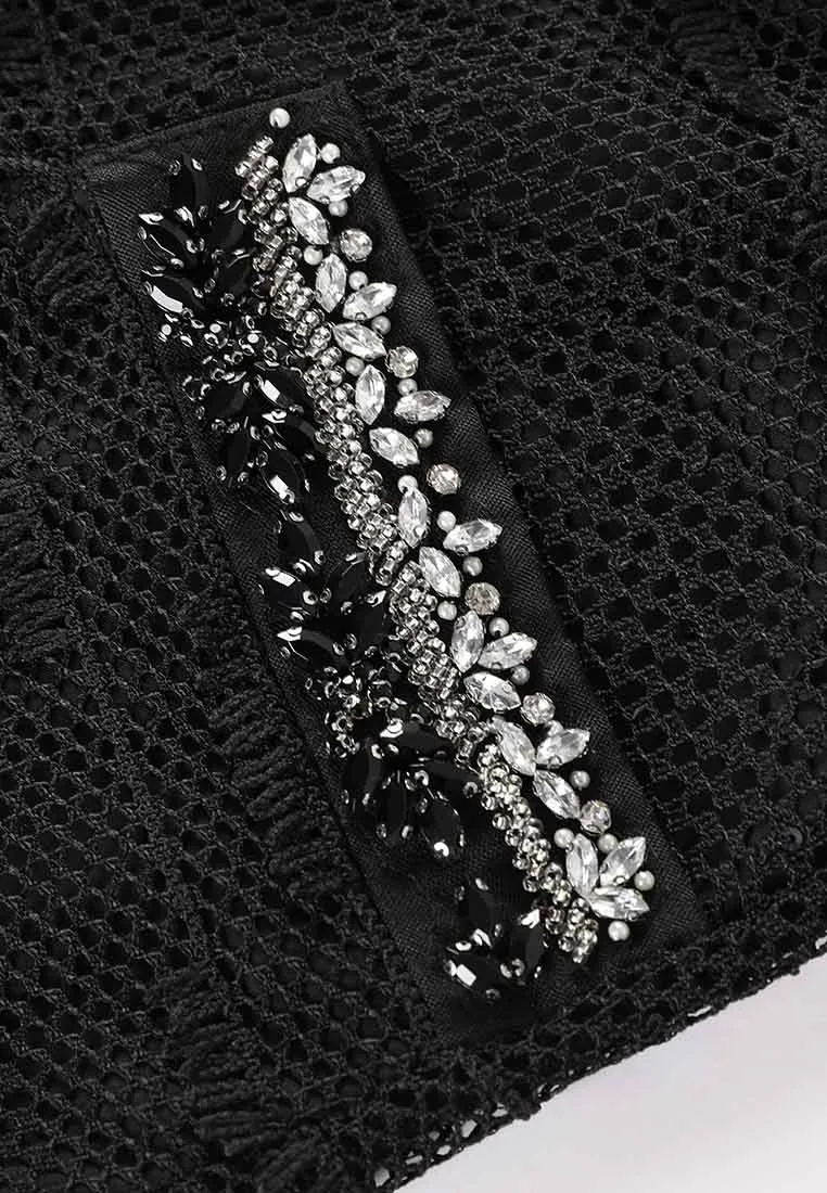 Black Rhinestone Embellished Thigh-length Dress