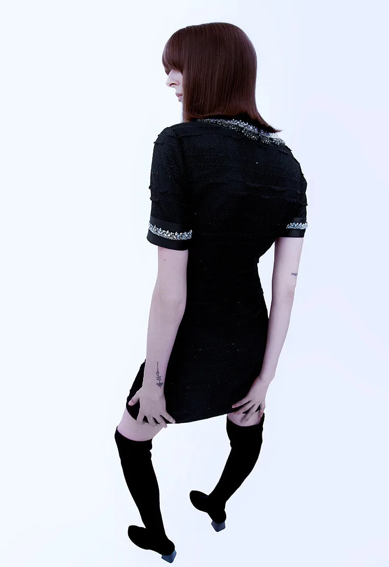 Black Rhinestone Embellished Thigh-length Dress
