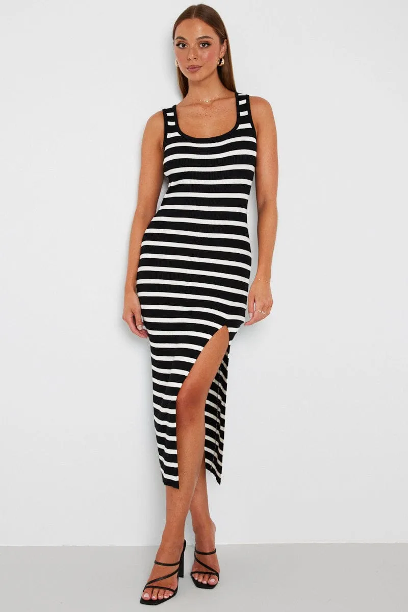 Black Stripe Knit Dress Sleeveless Side Split