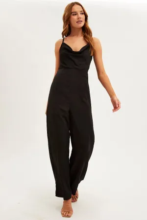 Black Wide Leg Jumpsuit Sleeveless Cowl Neck Satin