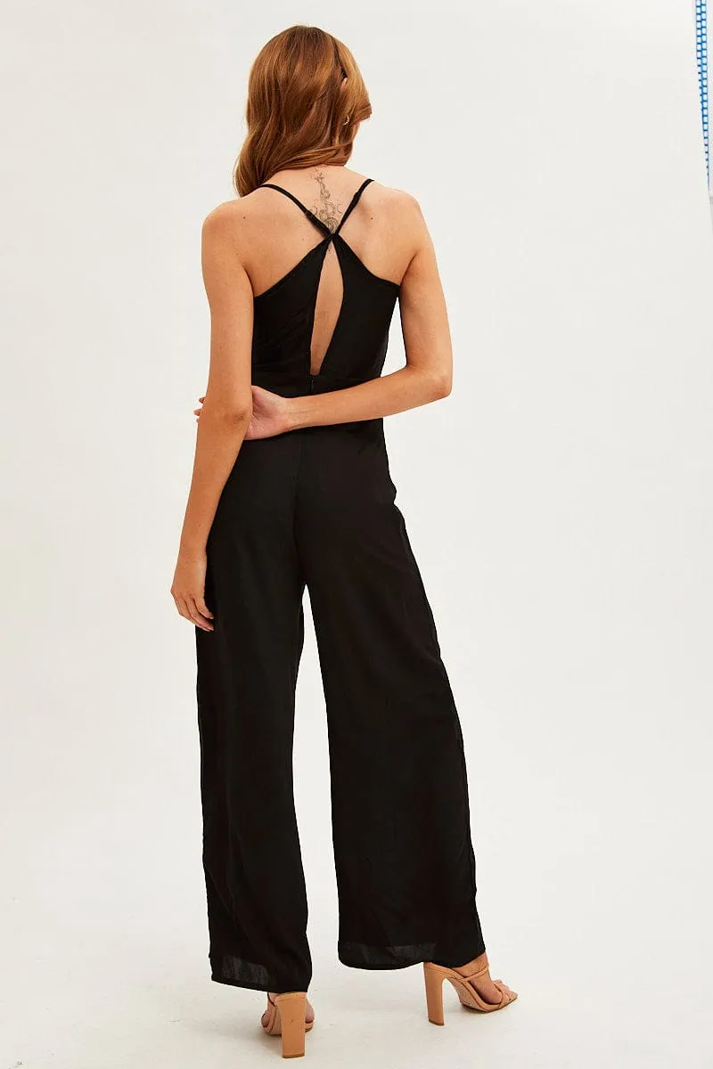 Black Wide Leg Jumpsuit Sleeveless Cowl Neck Satin