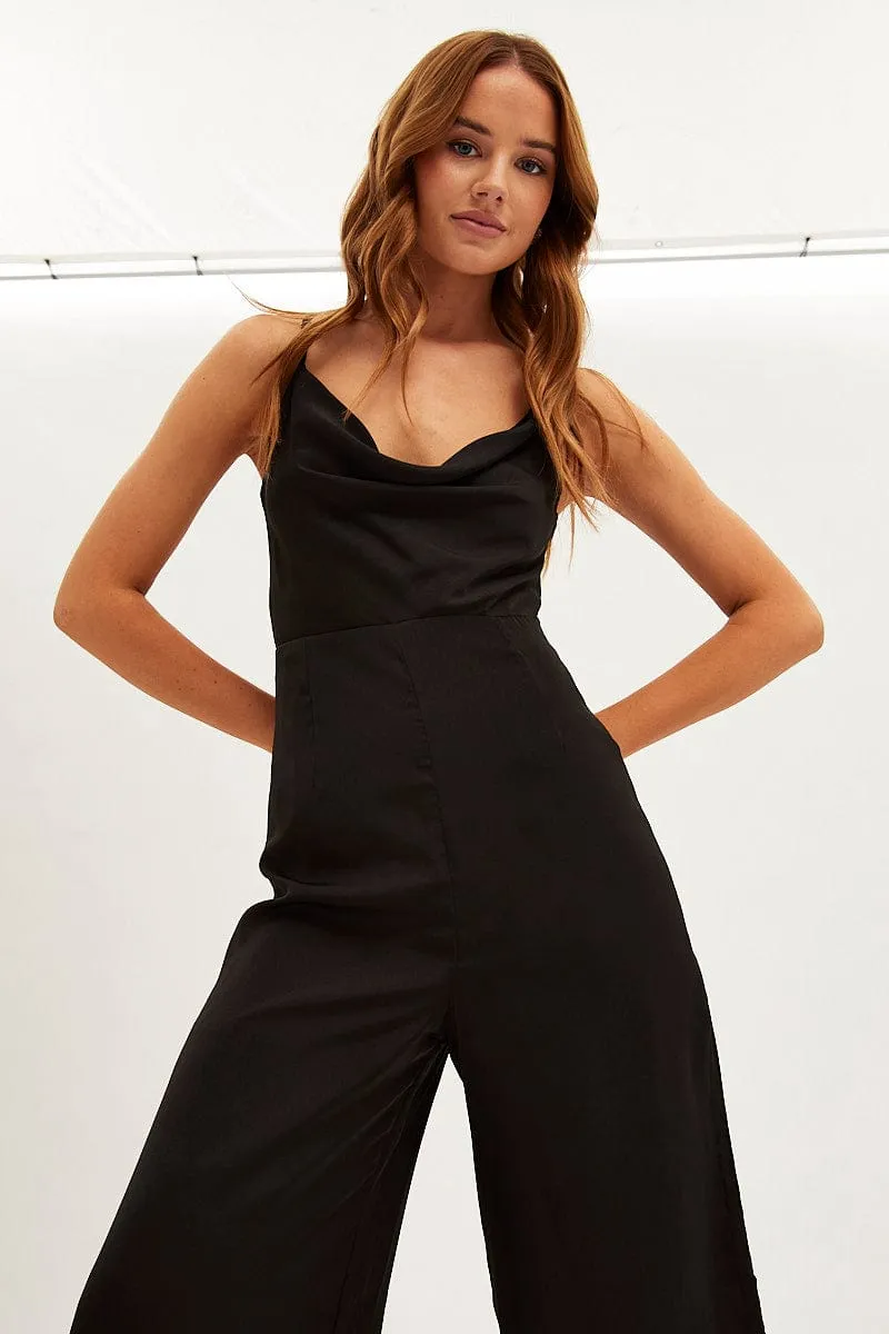 Black Wide Leg Jumpsuit Sleeveless Cowl Neck Satin