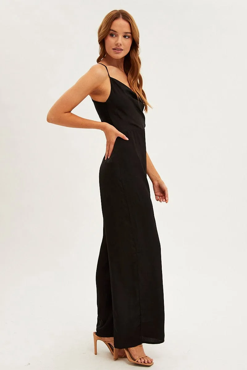 Black Wide Leg Jumpsuit Sleeveless Cowl Neck Satin