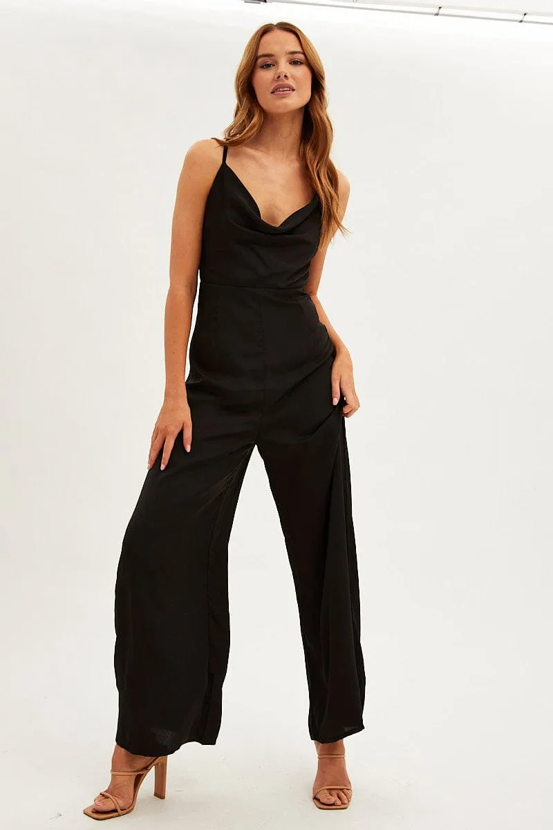 Black Wide Leg Jumpsuit Sleeveless Cowl Neck Satin