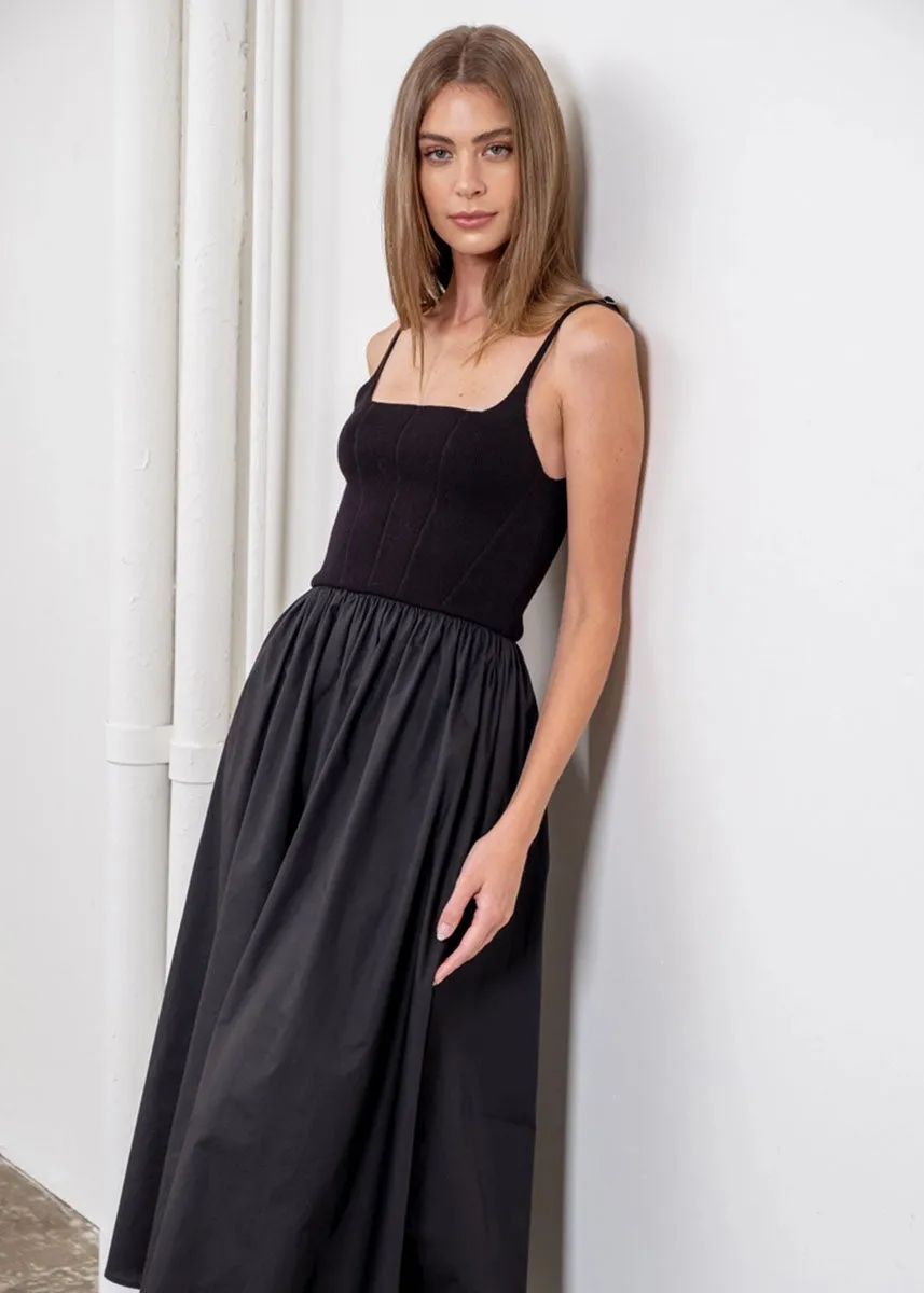Blaire Sweater Top Woven Midi Dress - Black