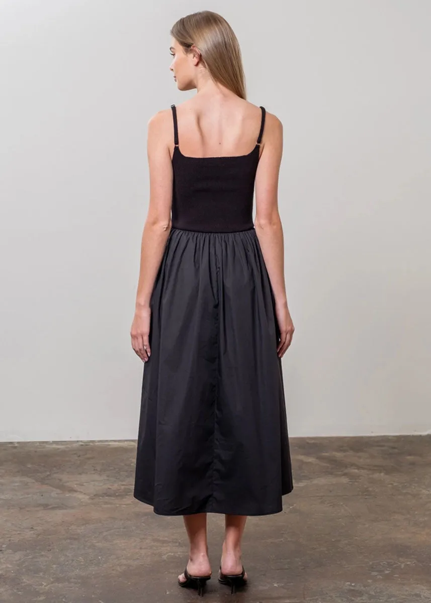 Blaire Sweater Top Woven Midi Dress - Black