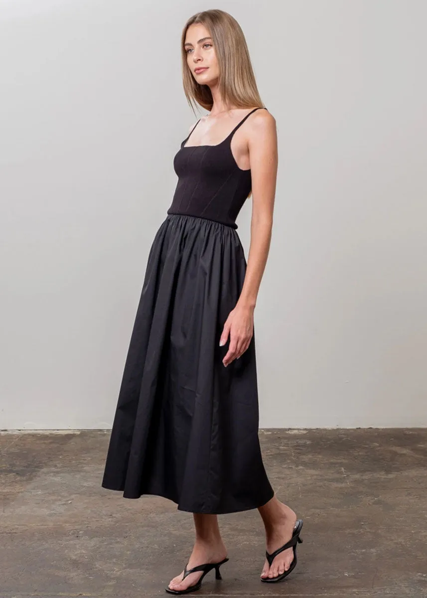 Blaire Sweater Top Woven Midi Dress - Black