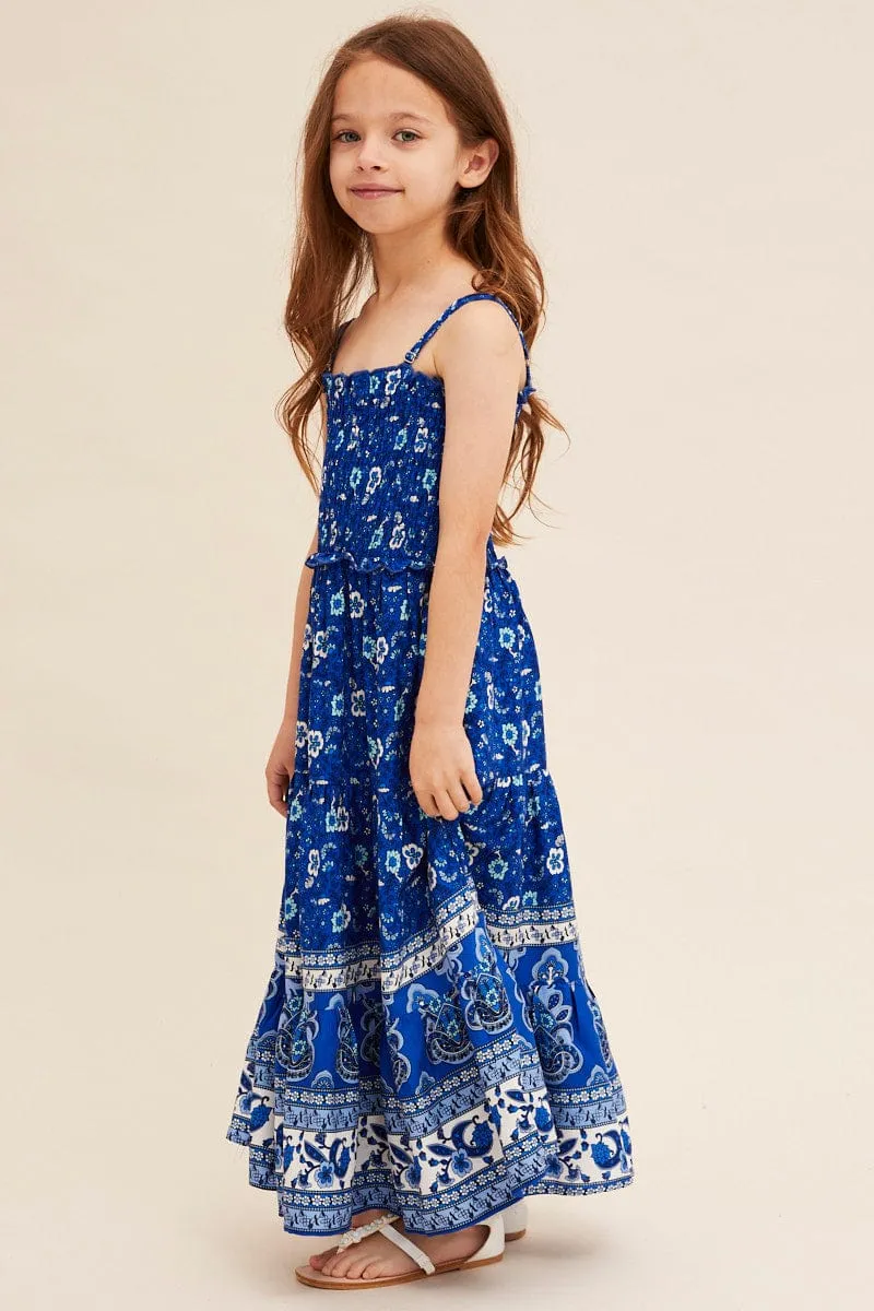 Blue Boho Kids Maxi Dress Sleeveless Tiered