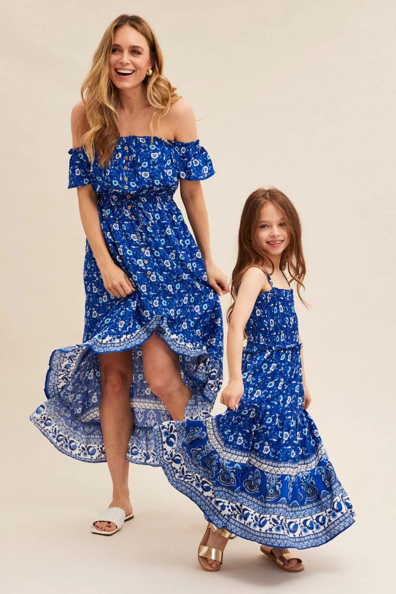Blue Boho Kids Maxi Dress Sleeveless Tiered