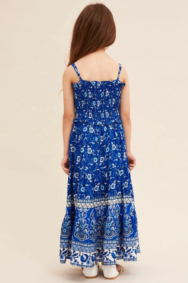 Blue Boho Kids Maxi Dress Sleeveless Tiered