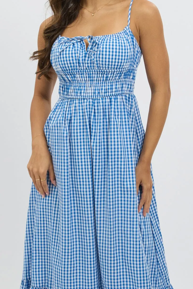 Blue Check Midi Dress Tiered Strappy