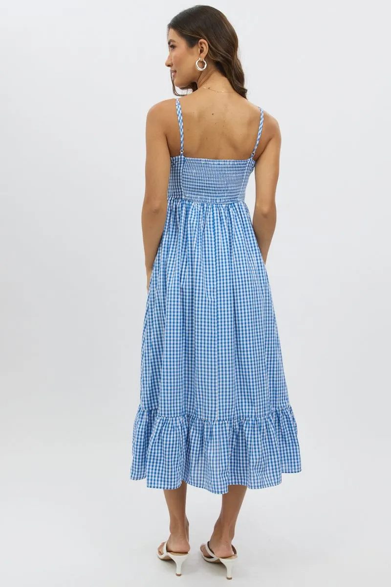Blue Check Midi Dress Tiered Strappy
