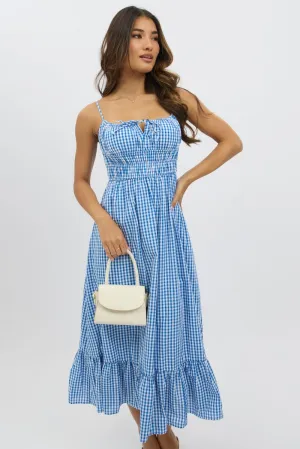 Blue Check Midi Dress Tiered Strappy